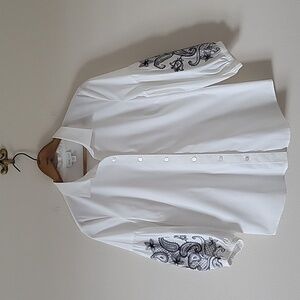 J. Jill White Shirt Collection Embroidered Bubble Sleeve Button Down Size SP
